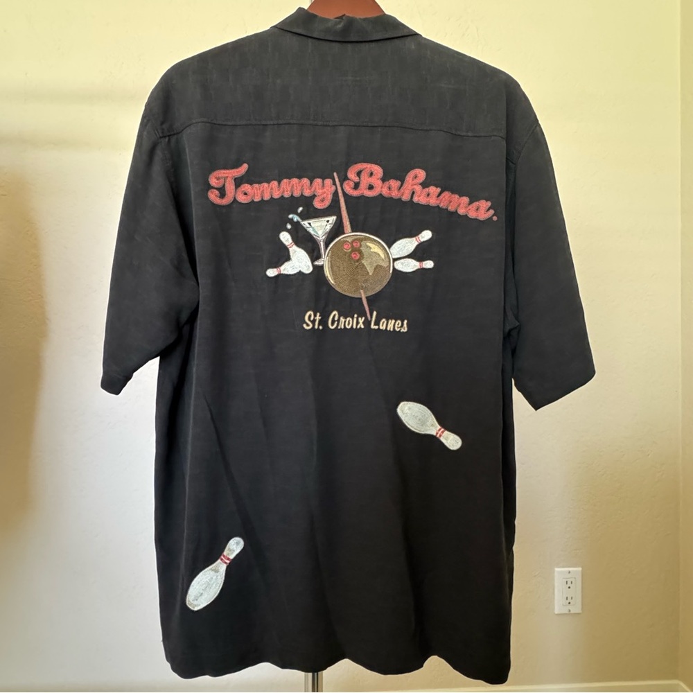 Tommy Bahama Black Bowling Embroidered Camp Shirt with Red Logo